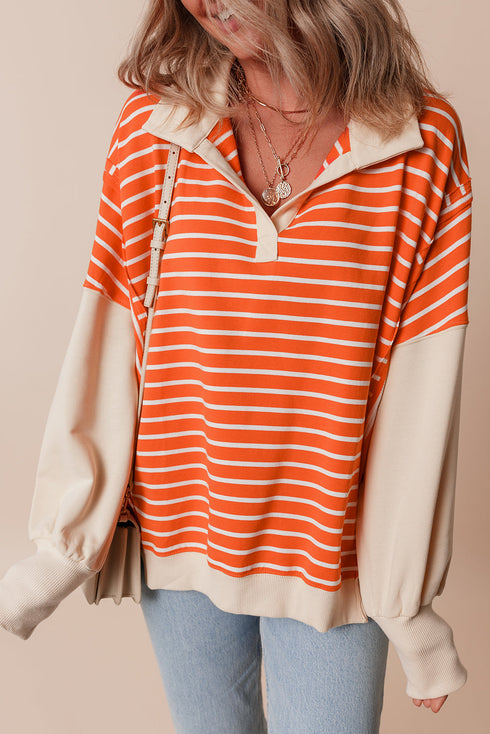 Striped Collared Drop Shoulder Relaxed Fit Polo Sweatshirt
