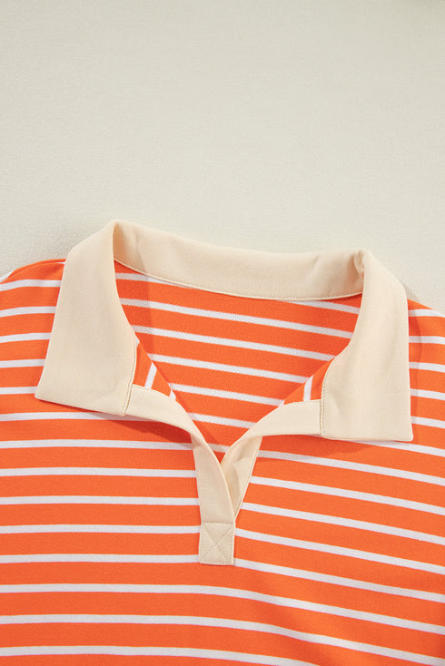 Striped Collared Drop Shoulder Relaxed Fit Polo Sweatshirt