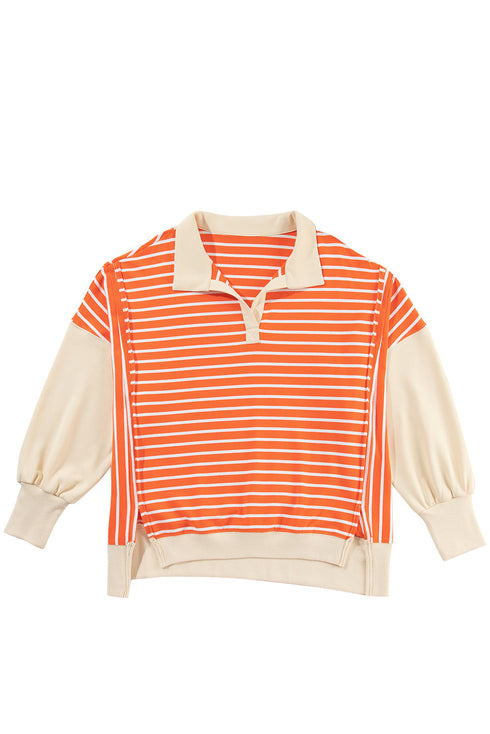 Striped Collared Drop Shoulder Relaxed Fit Polo Sweatshirt