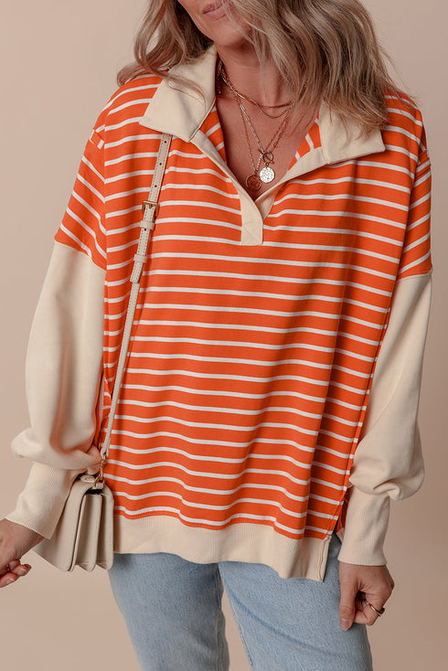 Striped Collared Drop Shoulder Relaxed Fit Polo Sweatshirt