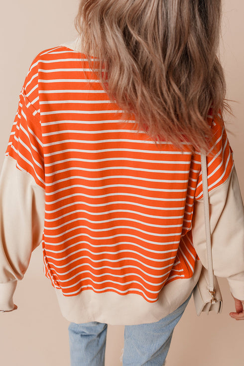 Striped Collared Drop Shoulder Relaxed Fit Polo Sweatshirt