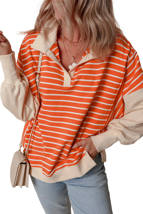 Striped Collared Drop Shoulder Relaxed Fit Polo Sweatshirt