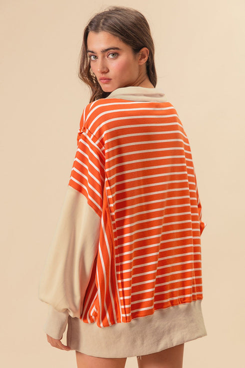 Striped Collared Drop Shoulder Relaxed Fit Polo Sweatshirt