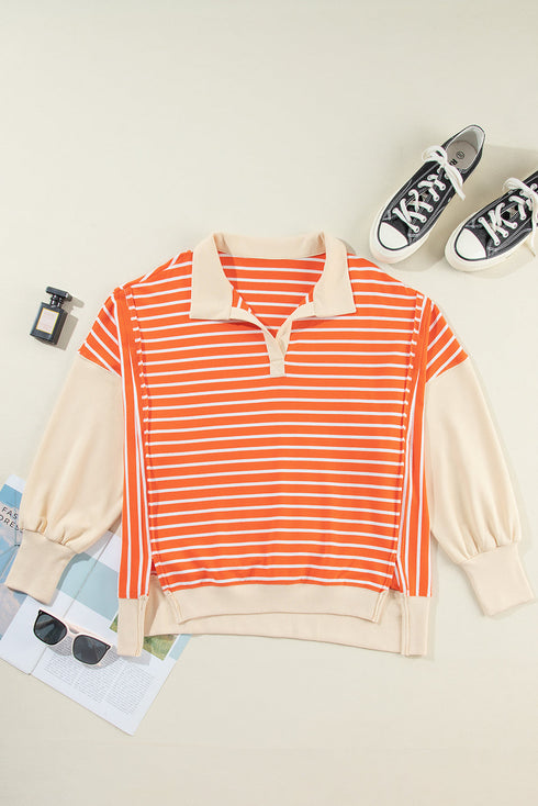 Striped Collared Drop Shoulder Relaxed Fit Polo Sweatshirt
