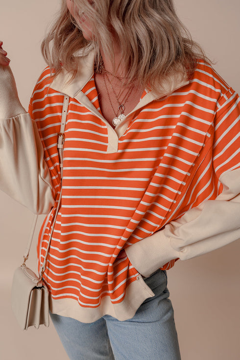 Striped Collared Drop Shoulder Relaxed Fit Polo Sweatshirt