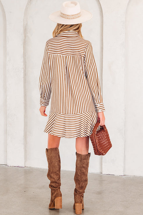 Striped Collared Long Sleeve Ruffle Hem Shirt Mini Dress