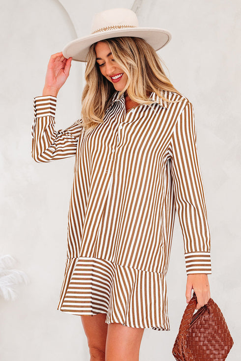 Striped Collared Long Sleeve Ruffle Hem Shirt Mini Dress