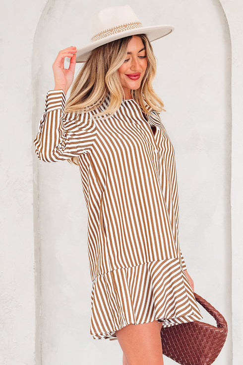 Striped Collared Long Sleeve Ruffle Hem Shirt Mini Dress