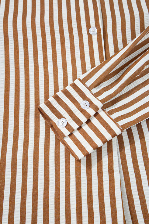 Striped Collared Long Sleeve Ruffle Hem Shirt Mini Dress