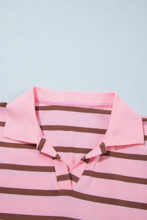 Striped Collared Long Sleeve Straight Cut Top