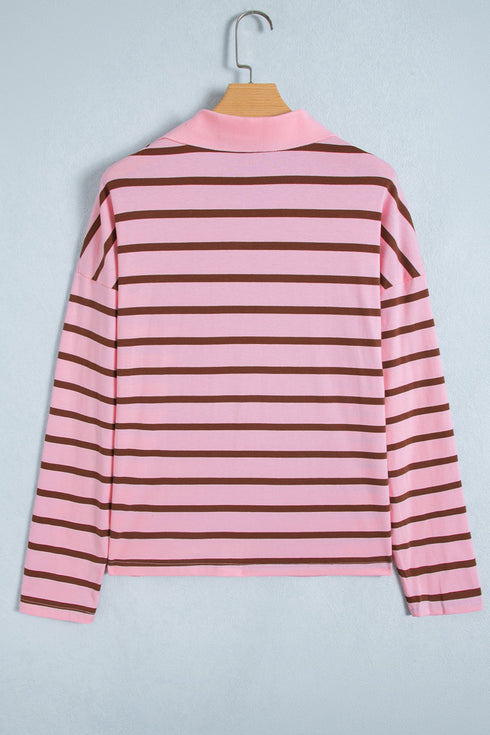 Striped Collared Long Sleeve Straight Cut Top