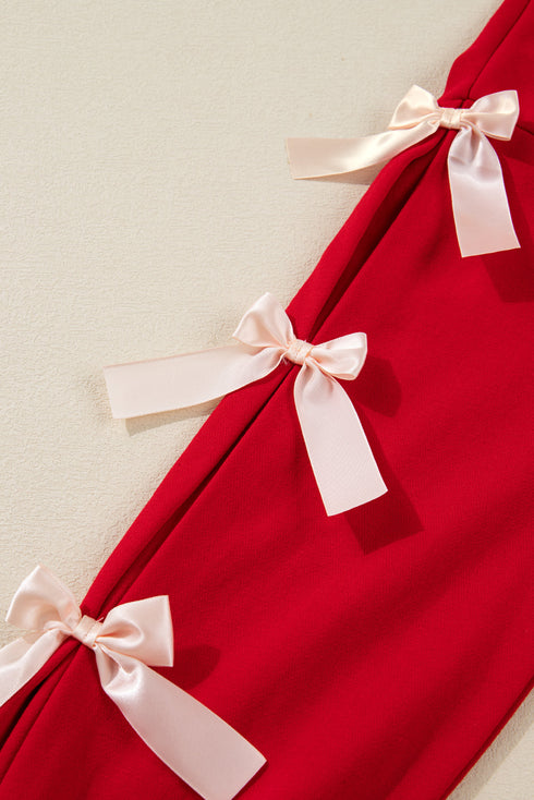 Striped Collared Patchwork Satin Bow Sweatshirt Short Set
