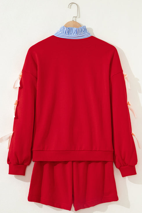 Striped Collared Patchwork Satin Bow Sweatshirt Short Set