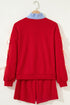 Striped Collared Patchwork Satin Bow Sweatshirt Short Set
