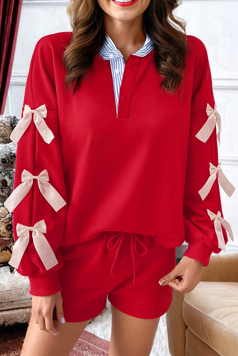 Striped Collared Patchwork Satin Bow Sweatshirt Short Set