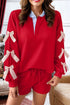 Striped Collared Patchwork Satin Bow Sweatshirt Short Set