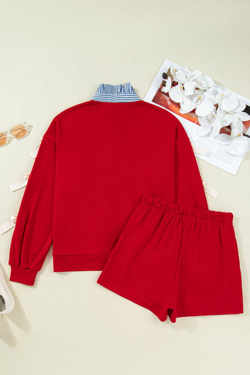 Striped Collared Patchwork Satin Bow Sweatshirt Short Set
