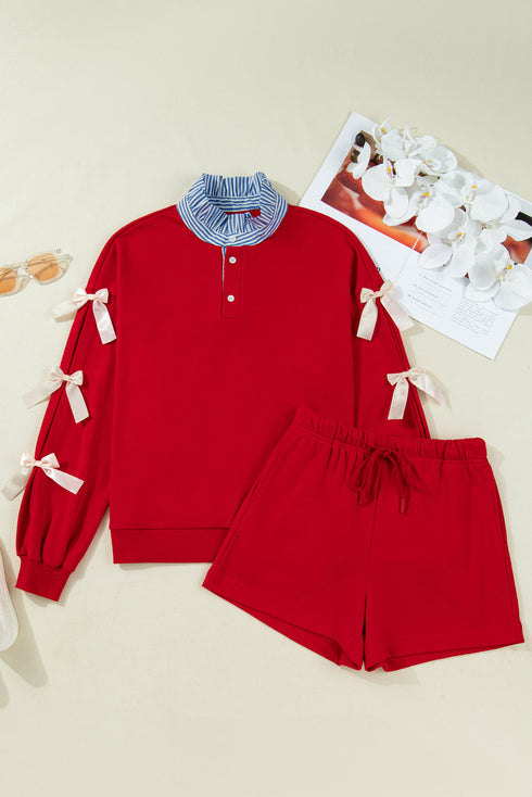 Striped Collared Patchwork Satin Bow Sweatshirt Short Set