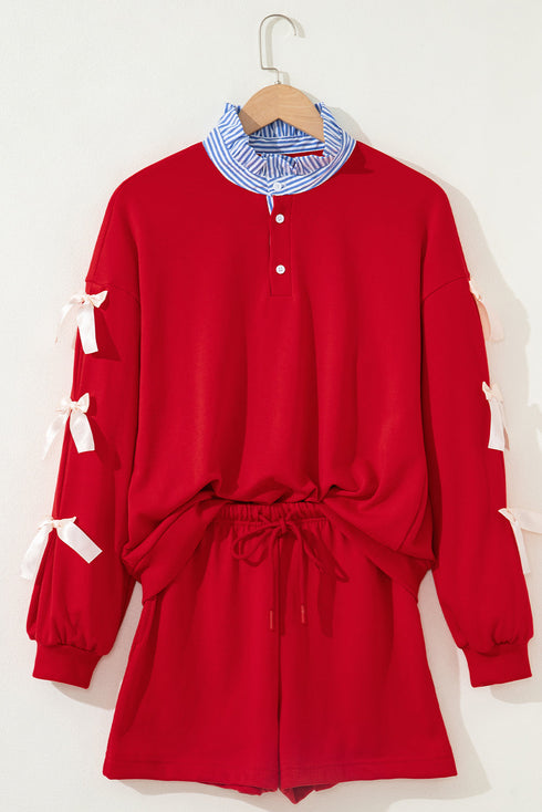 Striped Collared Patchwork Satin Bow Sweatshirt Short Set