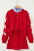 Striped Collared Patchwork Satin Bow Sweatshirt Short Set