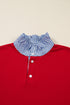 Striped Collared Patchwork Satin Bow Sweatshirt Short Set