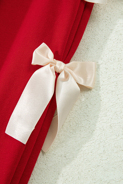 Striped Collared Patchwork Satin Bow Sweatshirt Short Set