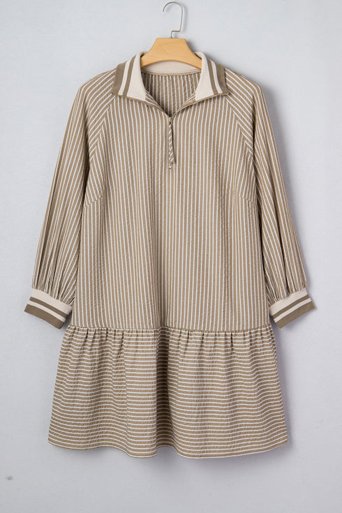 Striped Collared Puff Sleeve Ruffled Zip Up Mini Dress
