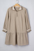 Striped Collared Puff Sleeve Ruffled Zip Up Mini Dress