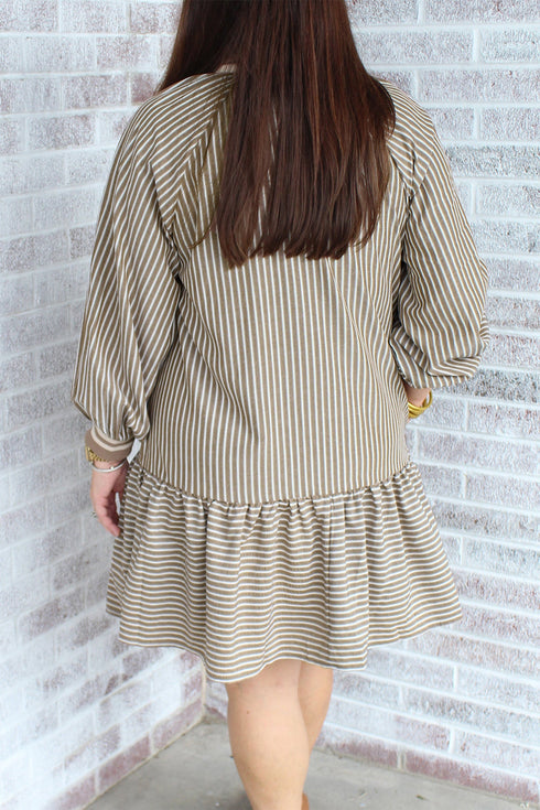 Striped Collared Puff Sleeve Ruffled Zip Up Mini Dress