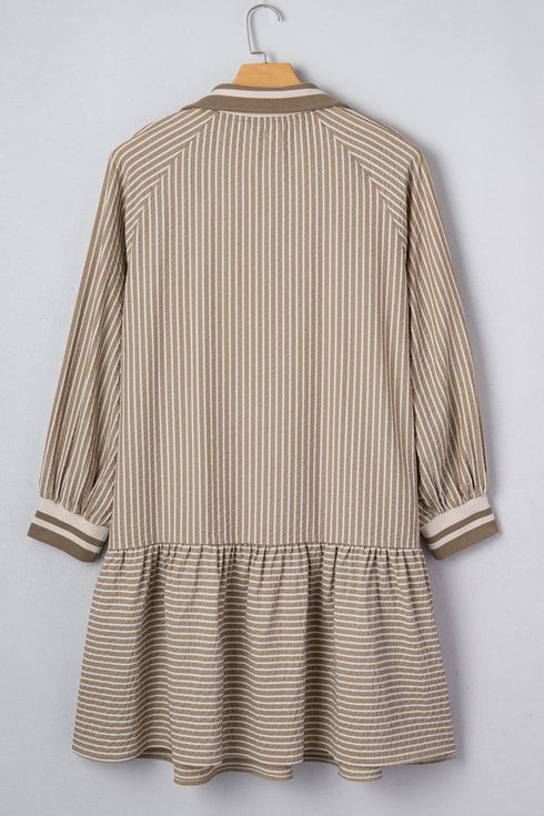 Striped Collared Puff Sleeve Ruffled Zip Up Mini Dress