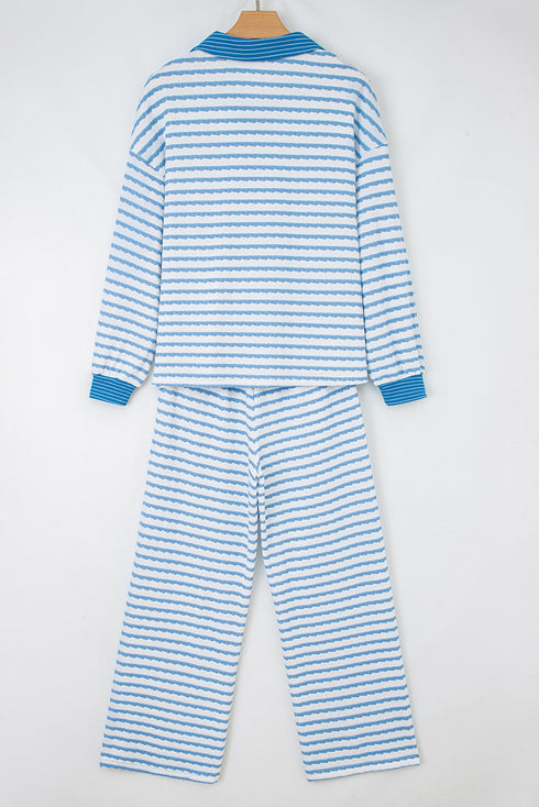 Striped Collared Pullover Wide Leg Drawstring Pant Set
