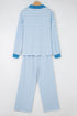 Striped Collared Pullover Wide Leg Drawstring Pant Set