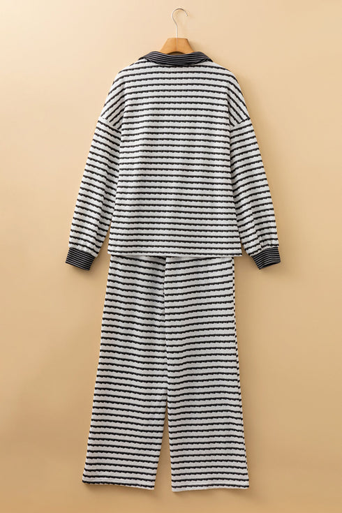 Striped Collared Pullover Wide Leg Drawstring Pant Set