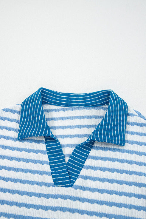 Striped Collared Pullover Wide Leg Drawstring Pant Set
