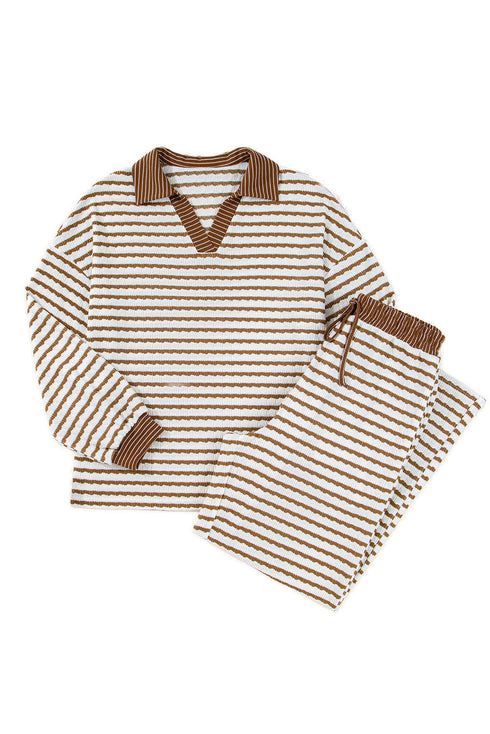 Striped Collared Pullover Wide Leg Drawstring Pant Set