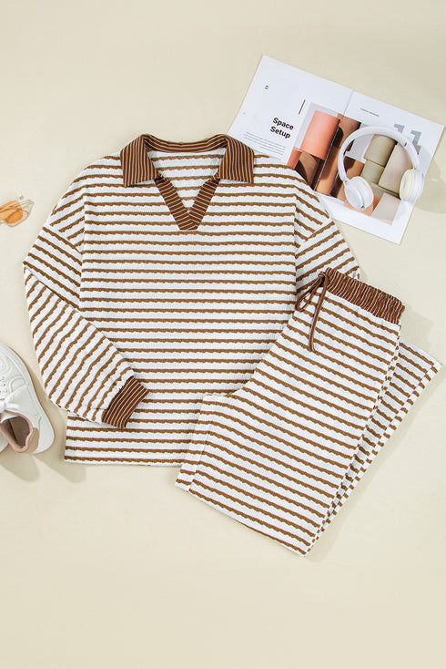 Striped Collared Pullover Wide Leg Drawstring Pant Set