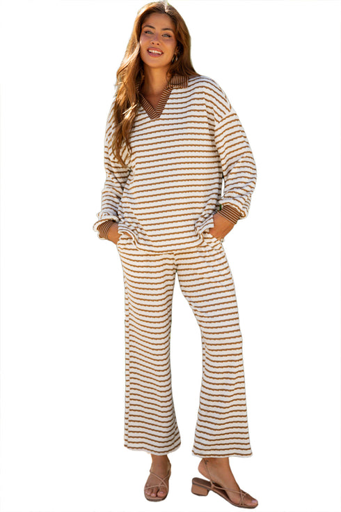 Striped Collared Pullover Wide Leg Drawstring Pant Set