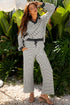 Striped Collared Pullover Wide Leg Drawstring Pant Set