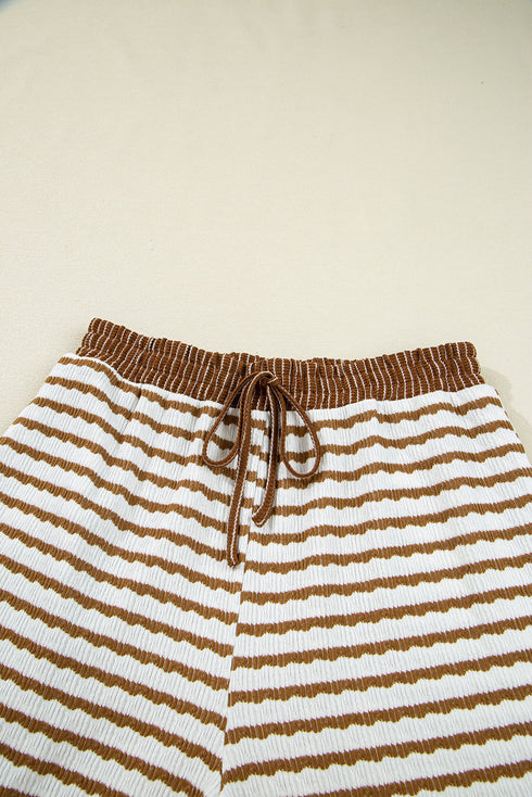 Striped Collared Pullover Wide Leg Drawstring Pant Set