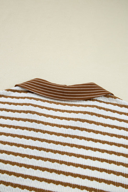 Striped Collared Pullover Wide Leg Drawstring Pant Set