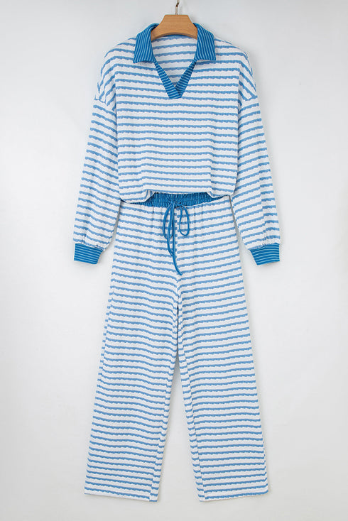 Striped Collared Pullover Wide Leg Drawstring Pant Set
