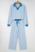 Striped Collared Pullover Wide Leg Drawstring Pant Set