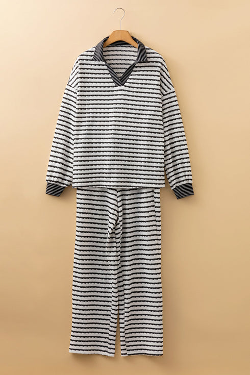 Striped Collared Pullover Wide Leg Drawstring Pant Set