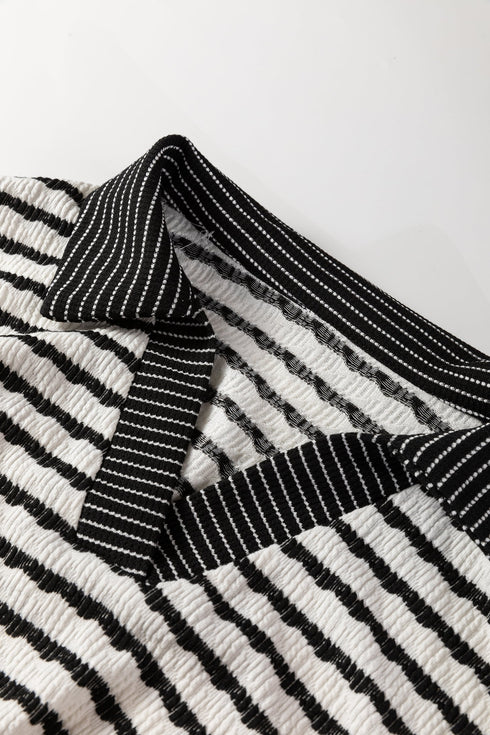 Striped Collared Pullover Wide Leg Drawstring Pant Set