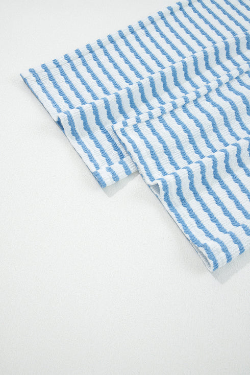 Striped Collared Pullover Wide Leg Drawstring Pant Set