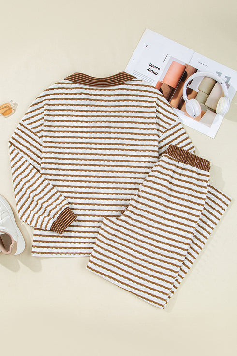 Striped Collared Pullover Wide Leg Drawstring Pant Set