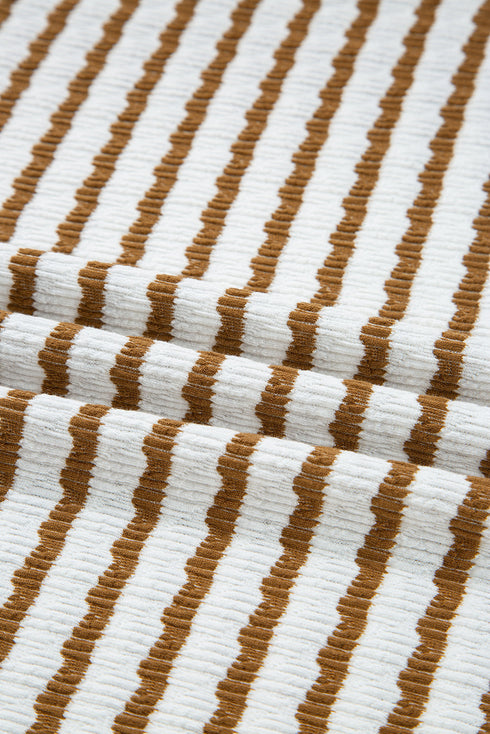 Striped Collared Pullover Wide Leg Drawstring Pant Set