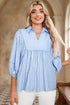 Striped Collared Ricrac Trim Puff Sleeve Blouse