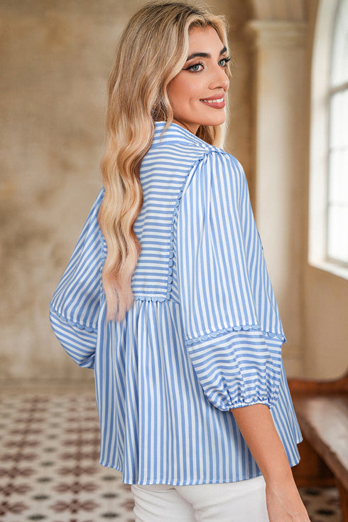 Striped Collared Ricrac Trim Puff Sleeve Blouse