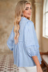 Striped Collared Ricrac Trim Puff Sleeve Blouse